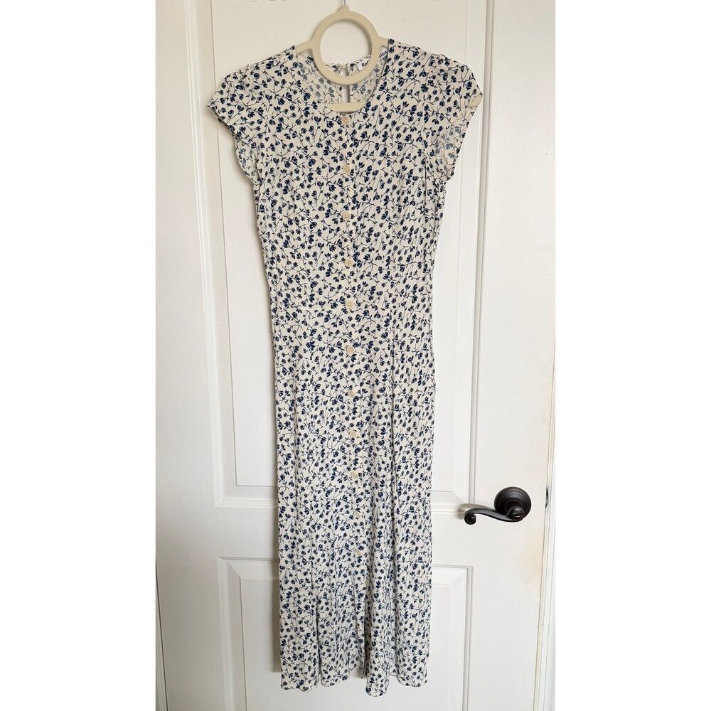 Reformation Fauna Floral Midi Dress Button Front Cap Sleeve Cream Blue Size 0 - Picture 2 of 6
